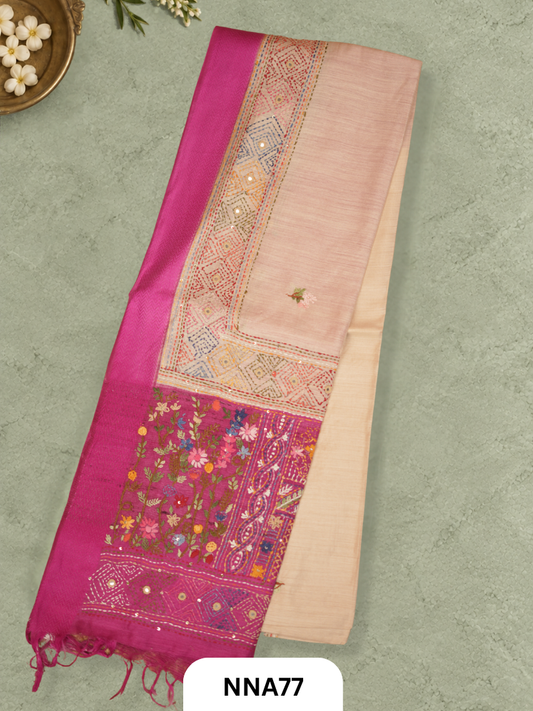 Handloom Pure Tussar Silk - Maheshwari Border and Bullion With Kantha Stitch Saree