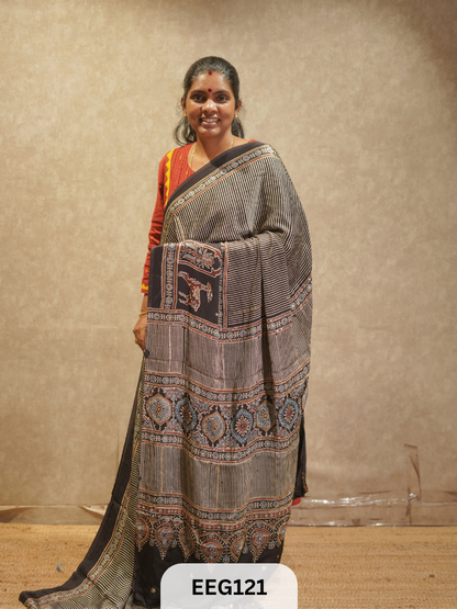 AJRAKH MODAL SAREE WITH KHATLI HANDWORK