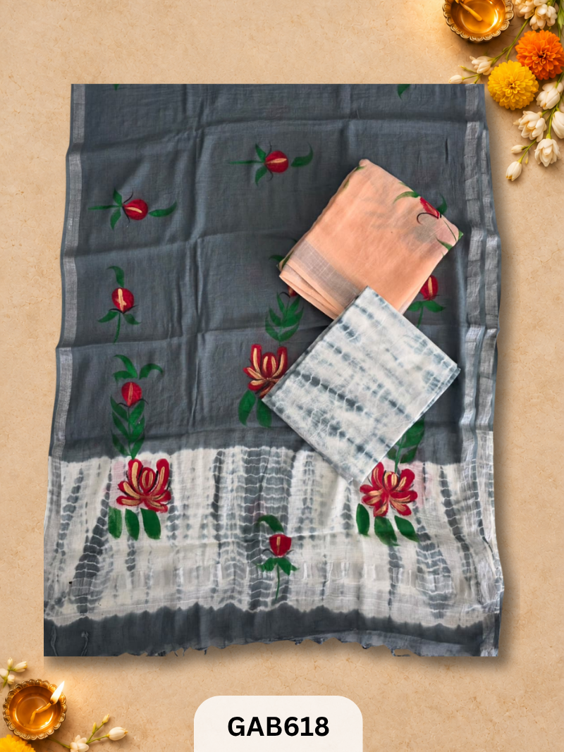 Bagru Hand Block Printed Linen Suits With Zari Border