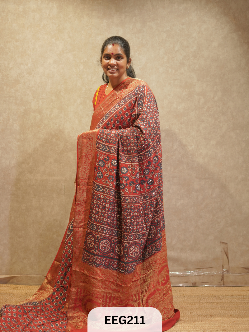 AJRAKH DOLA SILK SAREE WITH MIRROR WORK - IMMEDIATE DISPATCH