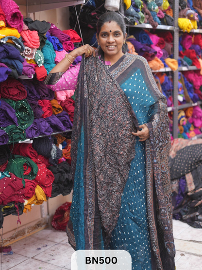 AJRAKH TISSUE PALLU BORDER BANDHEJ SAREE