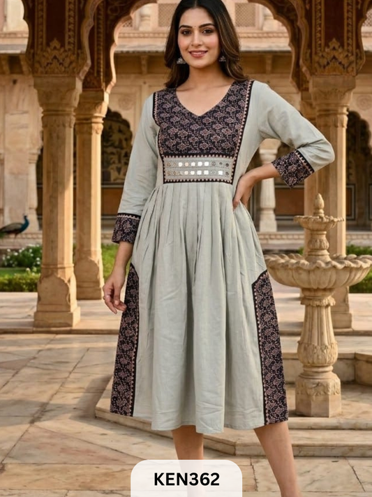 COTTON NATURAL &PLAIN COMBINATION FROCK STYLE KURTI WITH MIRROR WORK