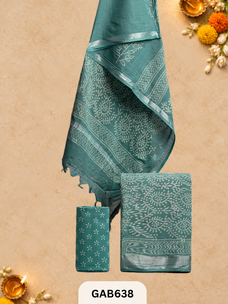 Bagru Hand Block Printed Linen Suits With Zari Border