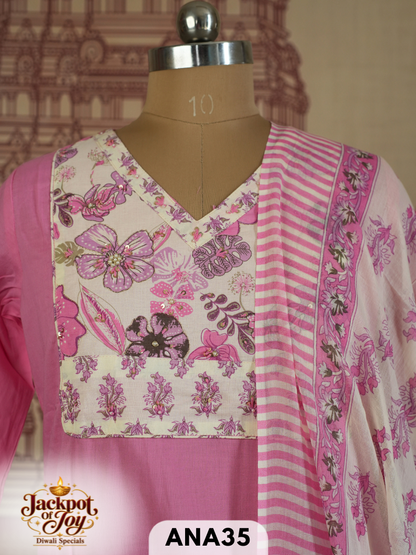 pure mulcotton sangner handblock stitched 3 pcs suit
