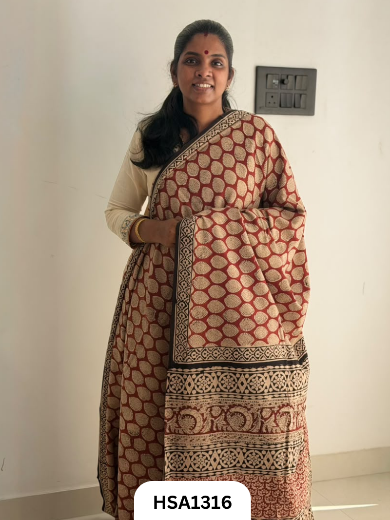 Hand Block Printed Pure Cotton Mulmul Saree