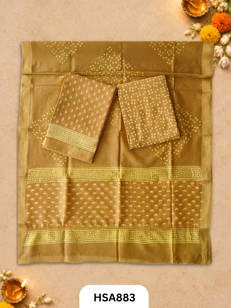 HandBlock Printed Maheshwari Silk Zari Border Top & dupttas 2.5 Mtrs | Bottom cotton 2.50 mtrs