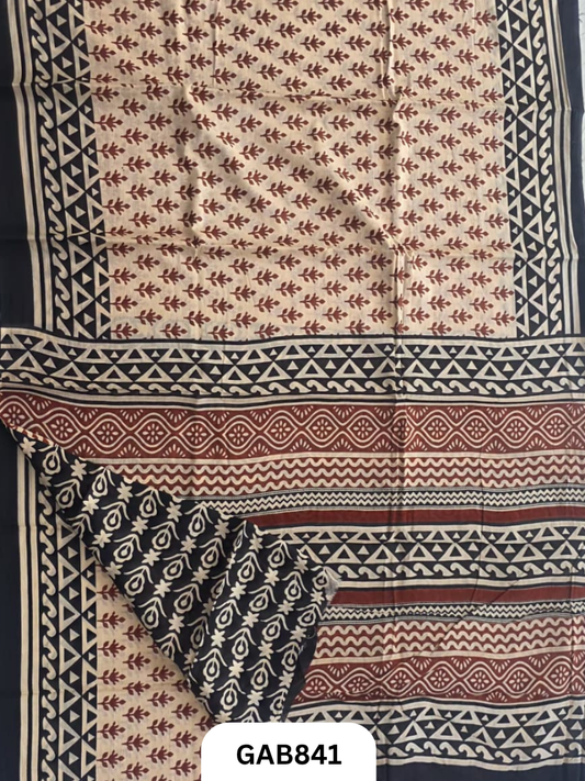Bagru Block Print Cotton Mulmul Sarees With Running Blouse