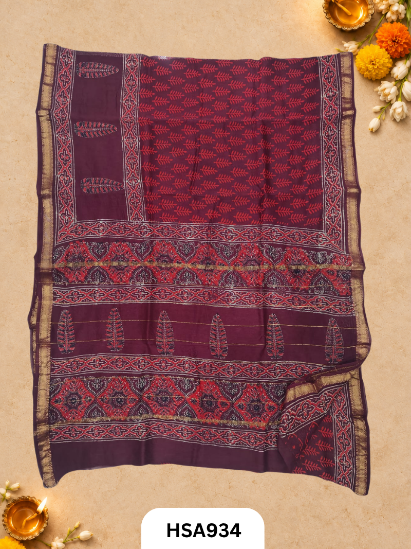 Pure Maheswari Silk Cotton - Handblock Print Saree With Blouse