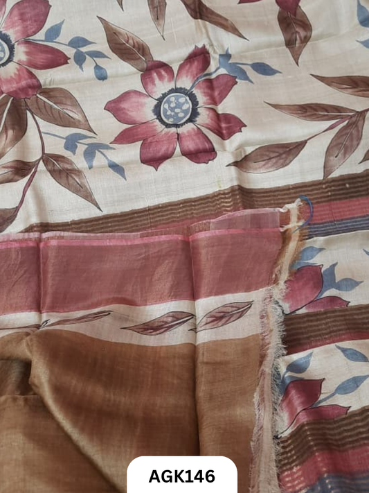 Premium Zari Border Tussar Hand-Painted Saree – Silk Mark Certified