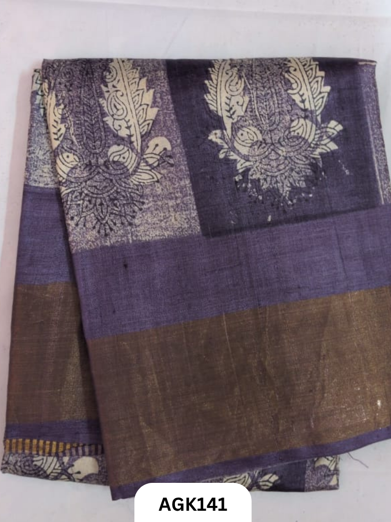 PREMIUM QUALITY  ZARI BORDER TUSSAR HAND BLOCK PRINTING WORK  WITH BLOUSE PIECE  SILK MARK CERTIFIED