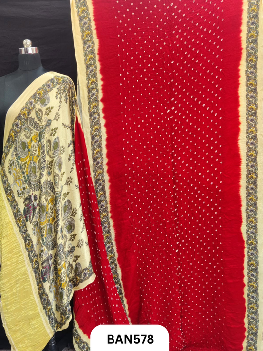 Semi Gaji ts kalamkari digital print pallu, blouse and border with bandhej saree
