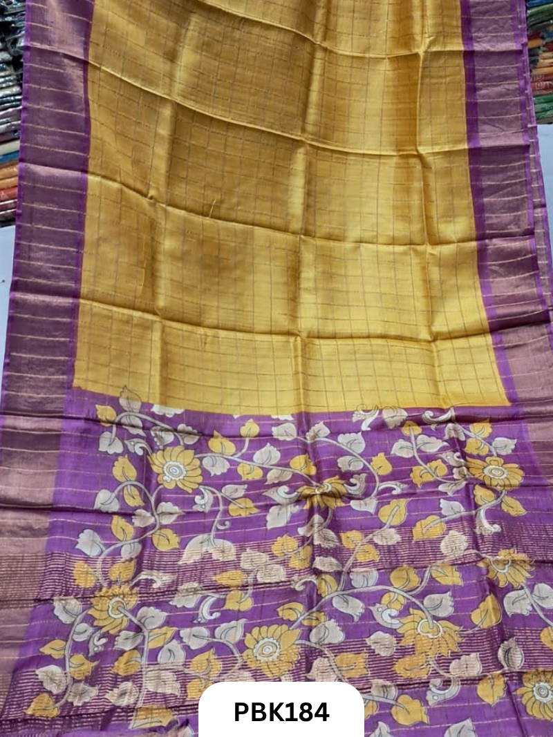 Pure Tussar Silk Saree with Checked design  Plain Body with Kalamkari Design in Pallu