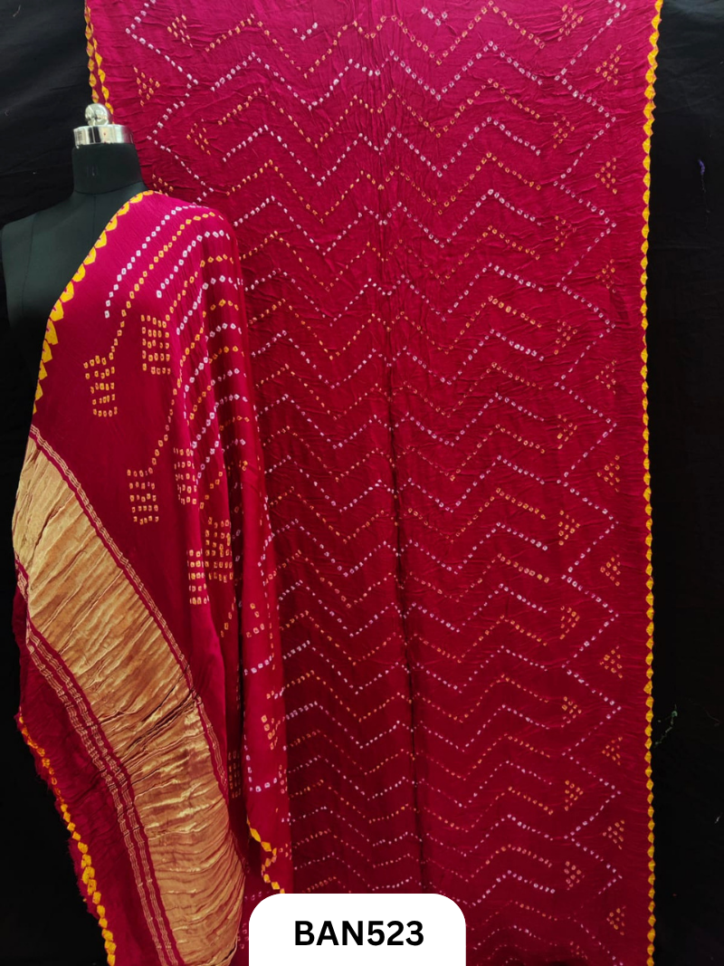 Semi gaji silk tissue pallu zig zag design bandhej saree