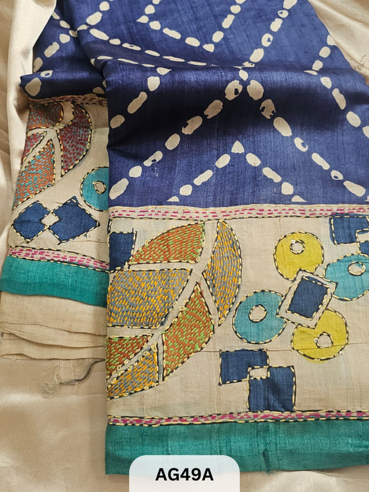 PURE TUSSAR WITH BORDER | WITH BATIK | KALAMKARI SPECIAL HAND PAINT |HAND KANTHA STITCH | SILK MARK