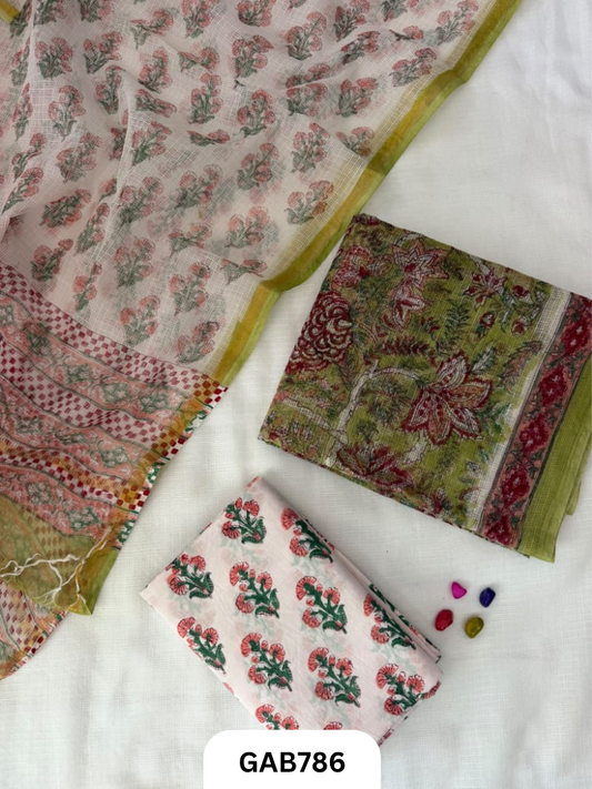 HandBlock Printed Kota Doriya Suit With Kota Doriya Duppta Cotton bottom | 2.5 mtr