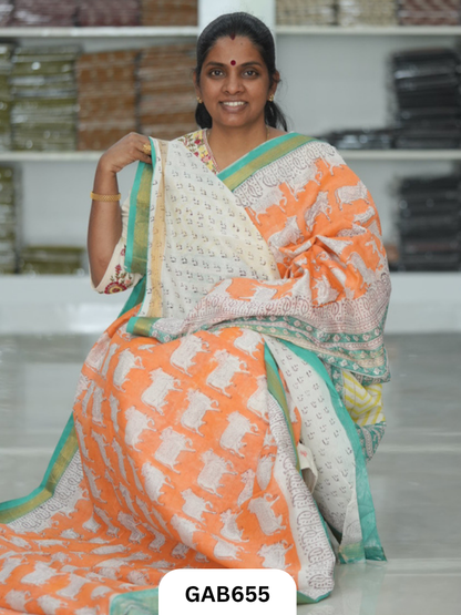 Hand Block Printed Maheshwari Silk Saree