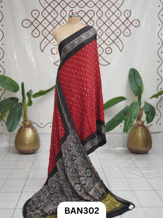 Modal Ajrakh With Bandhini Ladgi Patta Saree
