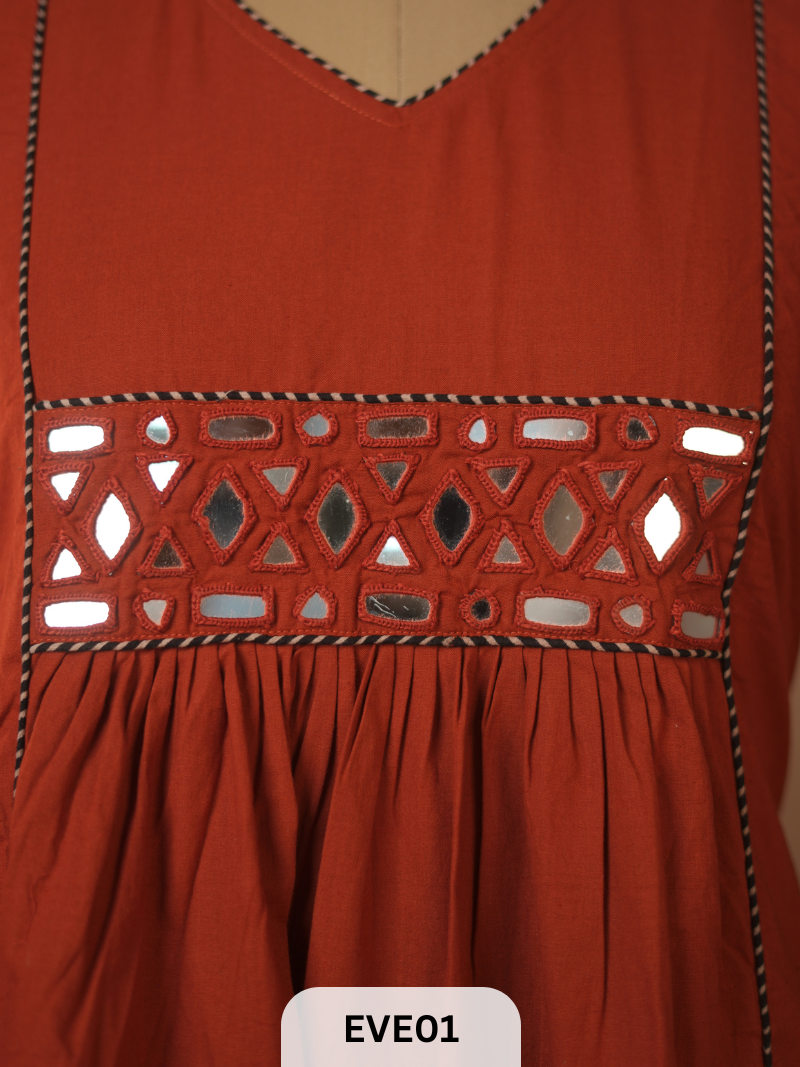 PLAIN COTTON KURTI WITH MIRROR WORK AND AJRAKH PRINT