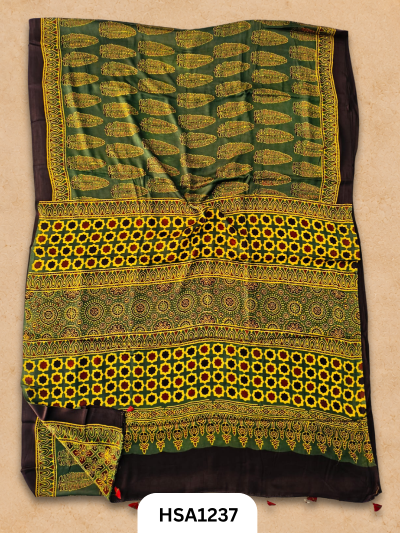 Natural Dye Vegetable Hand Block Print Ajrakh Print Pure Modal Silk Saree
