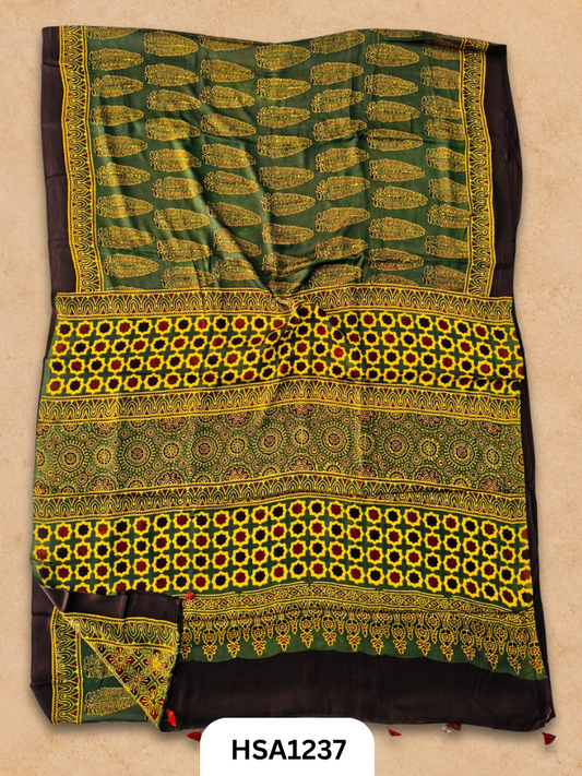 Natural Dye Vegetable Hand Block Print Ajrakh Print Pure Modal Silk Saree
