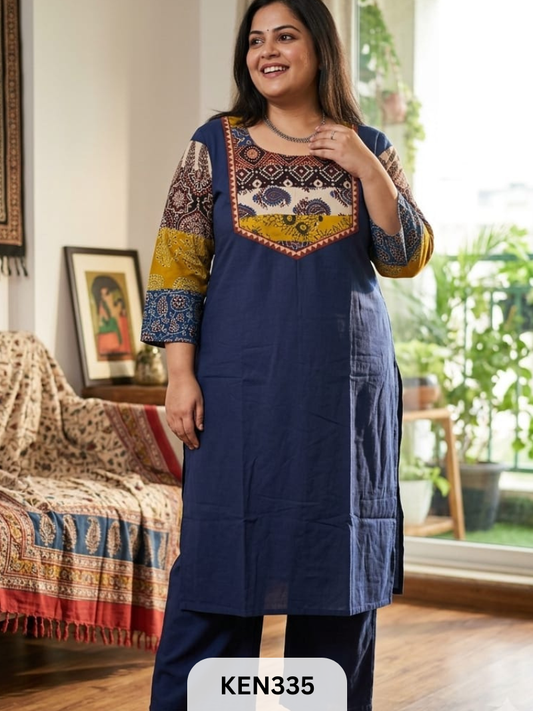COTTON PLAIN KURTI WITH AJRAKH PATCHWORK YOKE WITH POCKET