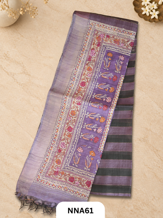 Handloom Pure Tussar Silk - Bullion With Kantha Stitch Saree