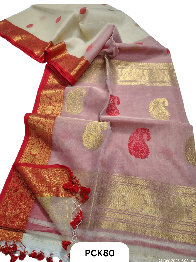Pure Muslin Handloom Durga Puja Saree-Tussar shade