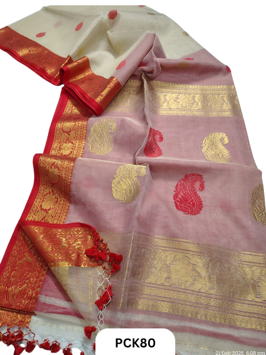 Pure Muslin Handloom Durga Puja Saree-Tussar shade