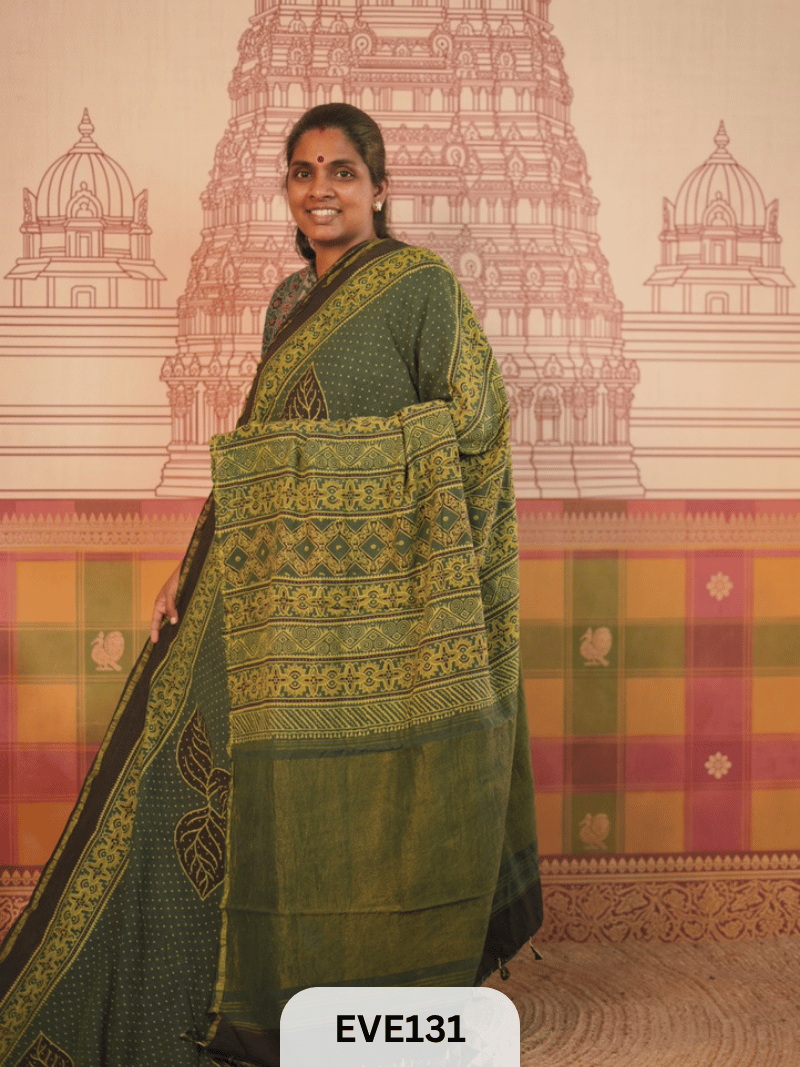 PURE CHANDERI SILK AJRAKH HANDBLOCK SAREE