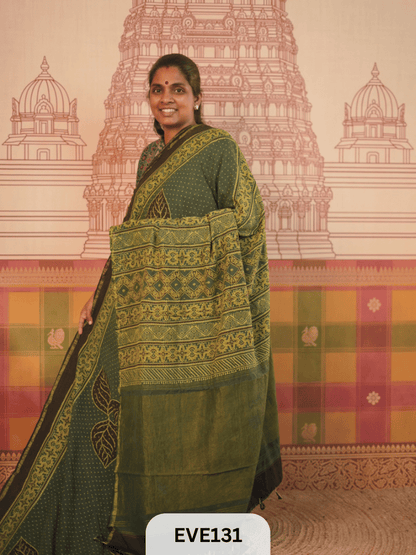 PURE CHANDERI SILK AJRAKH HANDBLOCK SAREE