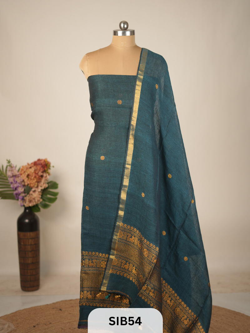 FUSION PURE LINEN INTO KANCHIPURAM SALWAR SUIT - HANDLOOM