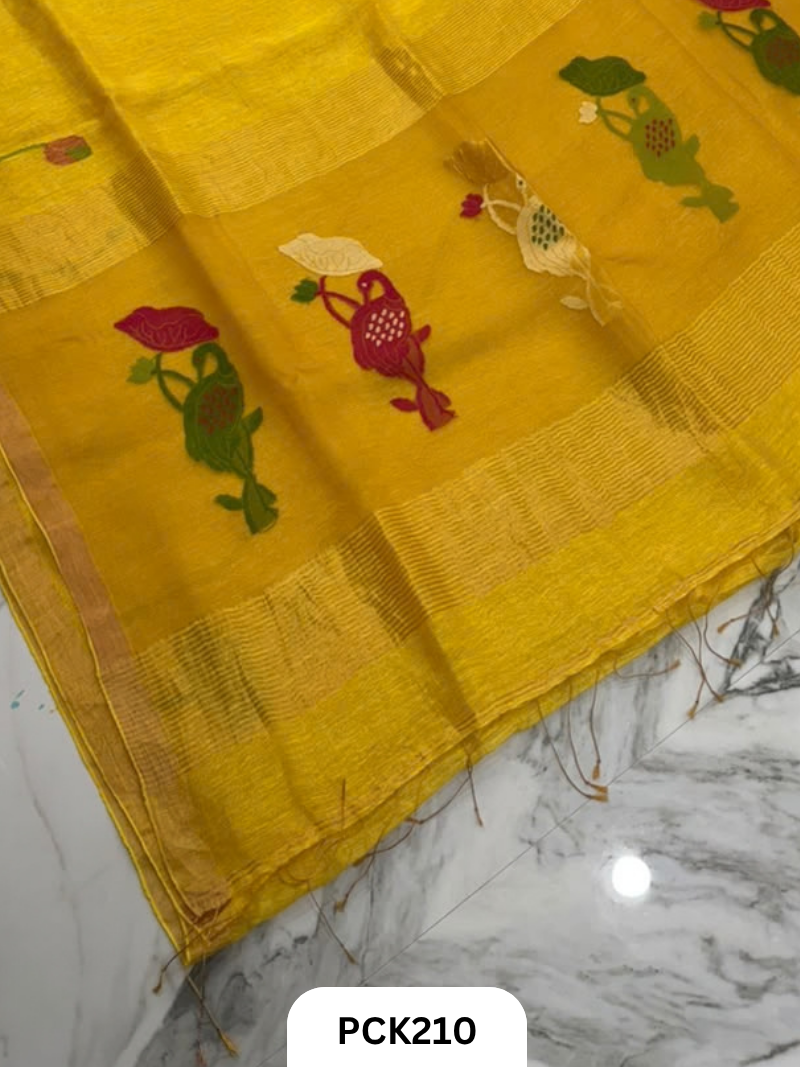 Pure Handloom Linen Silk Saree with Jamdani Weave