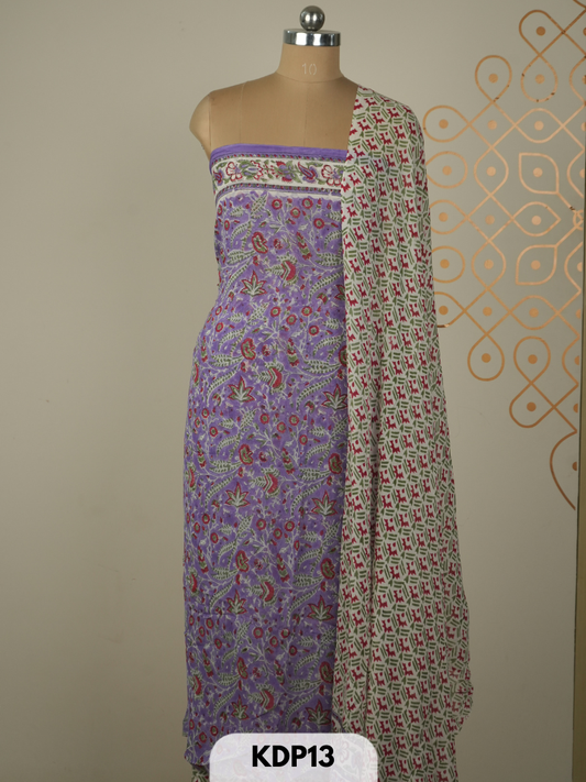 Chiffon double dimention handblock print 3 pcs salwar set