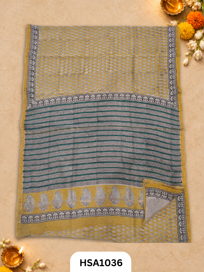 Pure Hand Block Printed Chanderi Silk Saree With Printed Blouse