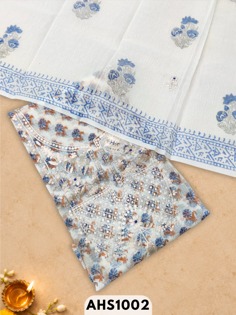 Kota Doria Pitta Work Salwar Suit - Top & Dupatta 2.5mtr