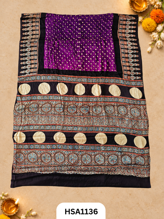 Ajarkh  Bandej Modal silk saree with blouse