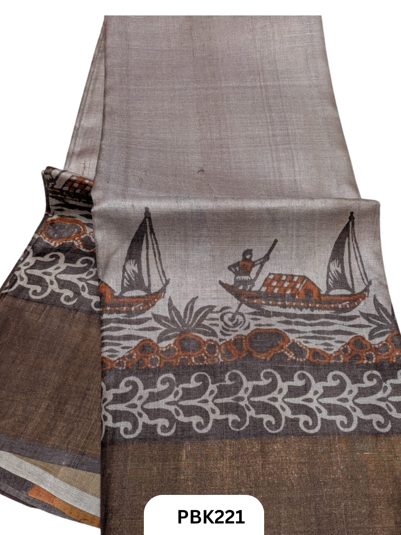 Premium Pure Tussar Silk Handblock Print Saree – Kolkata Special