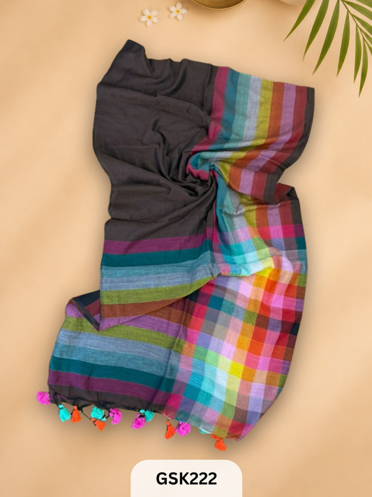 Pure Mulcotton 100 count Checked Zari with Tassel