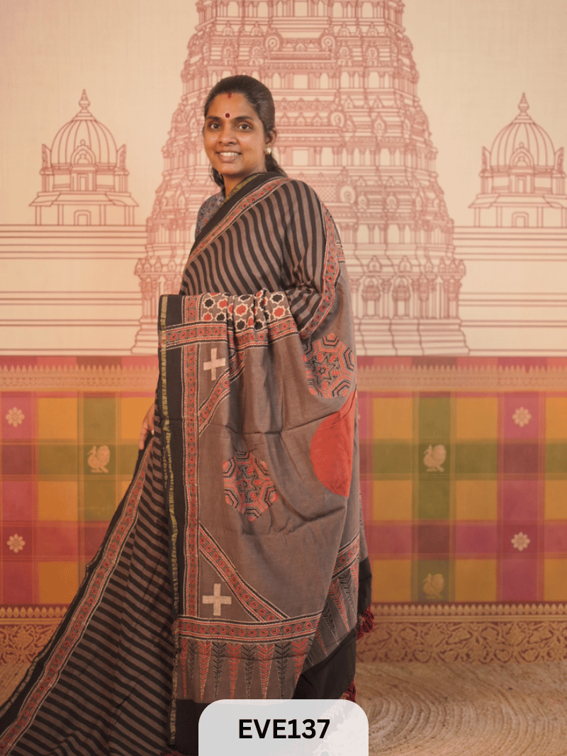 PURE CHANDERI SILK AJRAKH HANDBLOCK SAREE