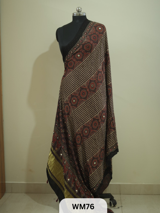 TISSUE PALLU AJRAKH HANDBLOCKPRINT KHATLI WORK DUPPATTA