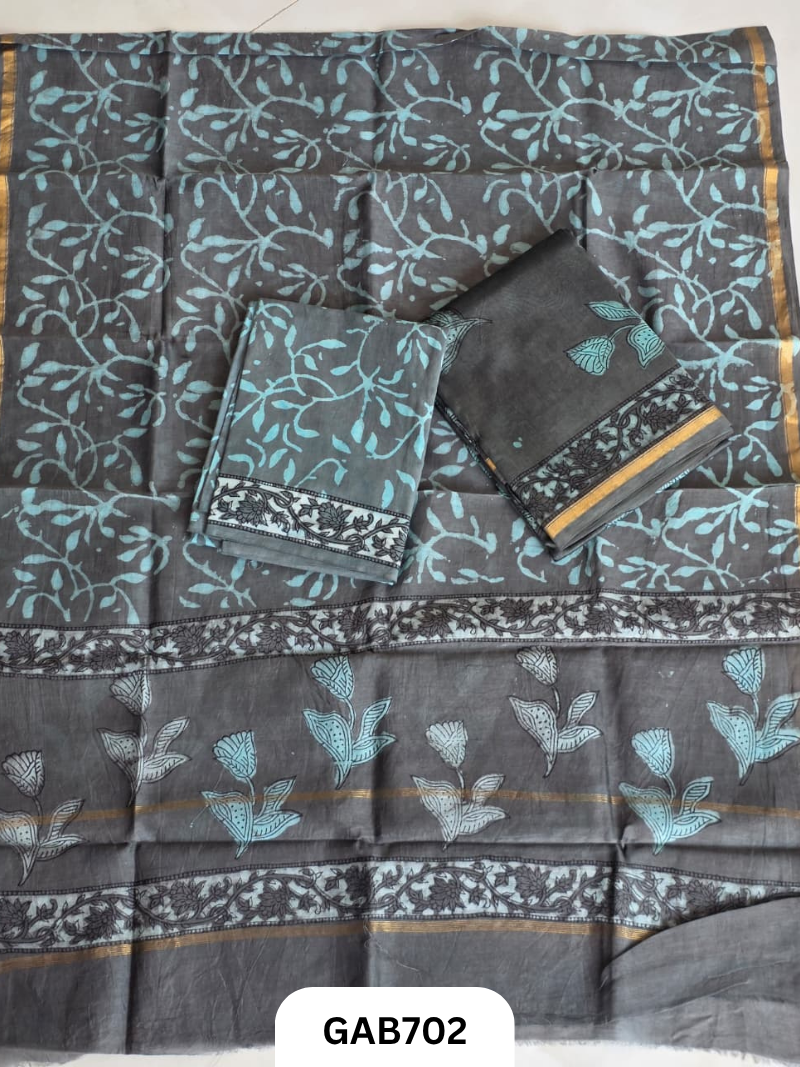 Hand Block Chanderi Silk Dress Materials Top 2.5 Mtrs Duptta 2.5 Mtrs