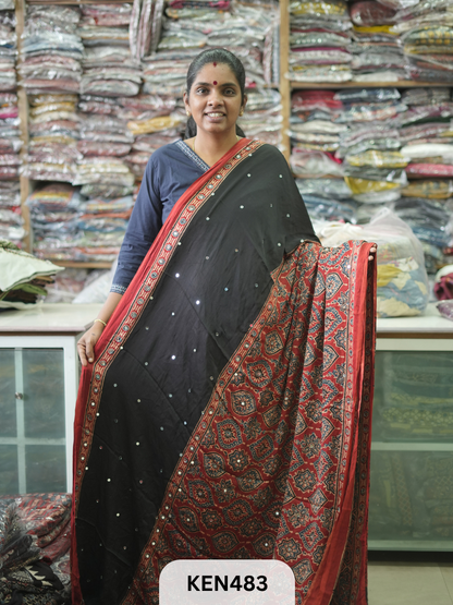 MODAL NATURAL AJRAKH HANDBLOCK SAREE WITH GLUE MIRROR