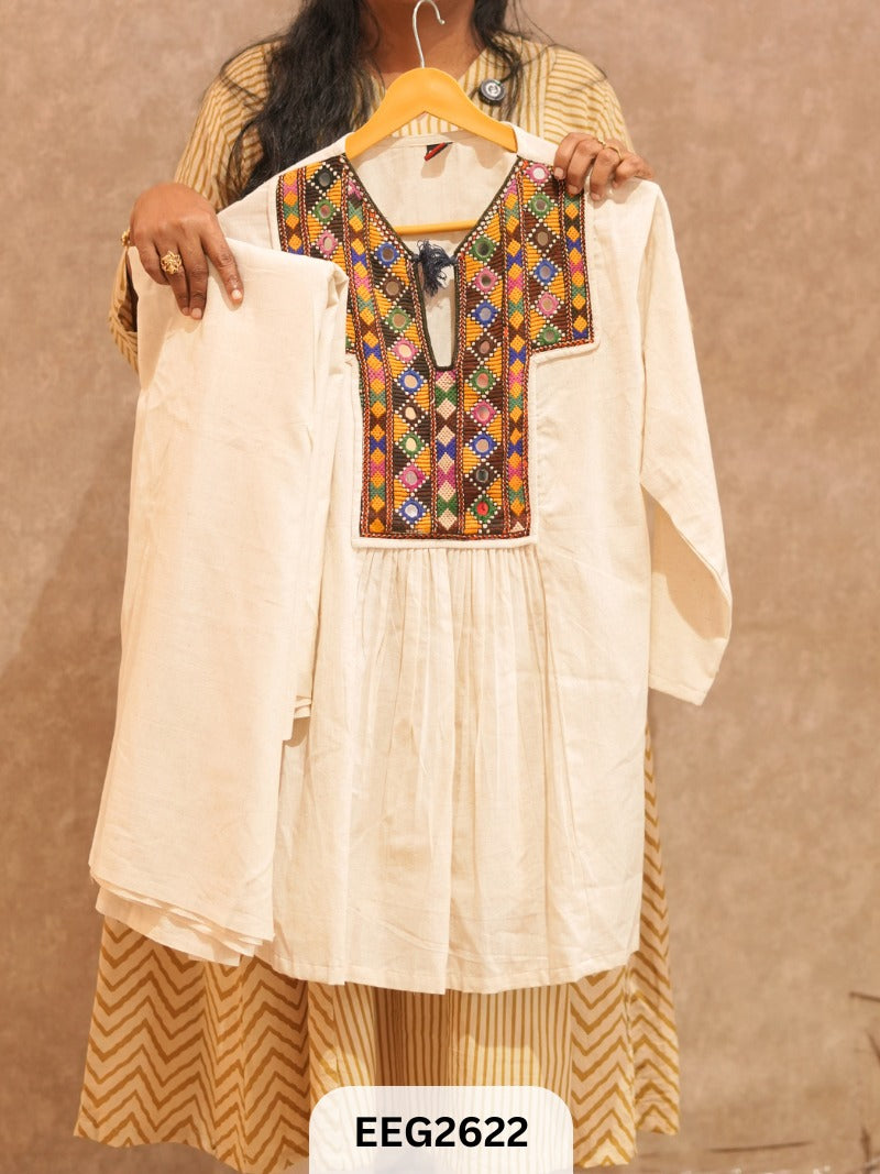 KHADI COTTON CO-ORD SET WITH KUTCHI PATCHWORK