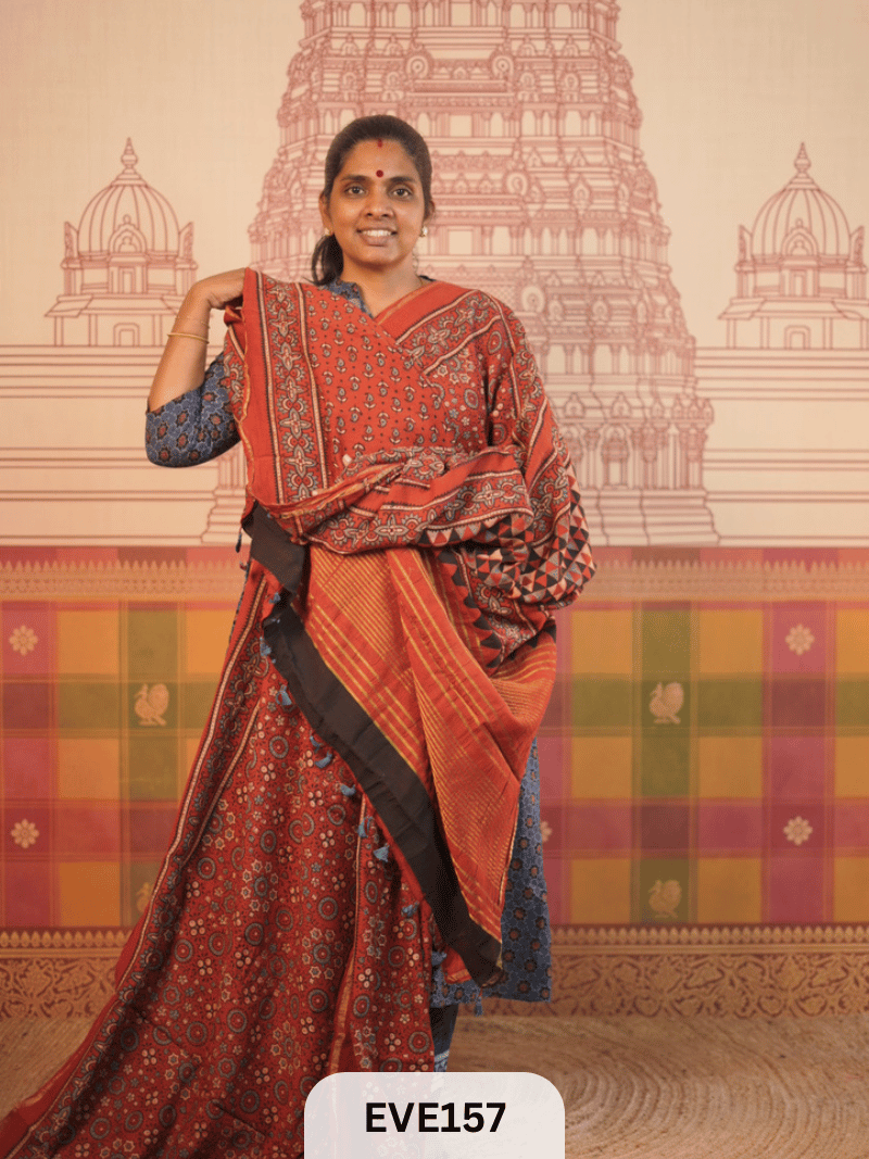 PURE CHANDERI SILK AJRAKH HANDBLOCK SAREE