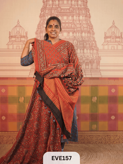 PURE CHANDERI SILK AJRAKH HANDBLOCK SAREE