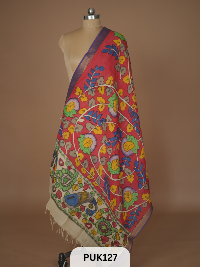 PURE PENKALAMKARI DUPPATTA - CHENNURI SILK