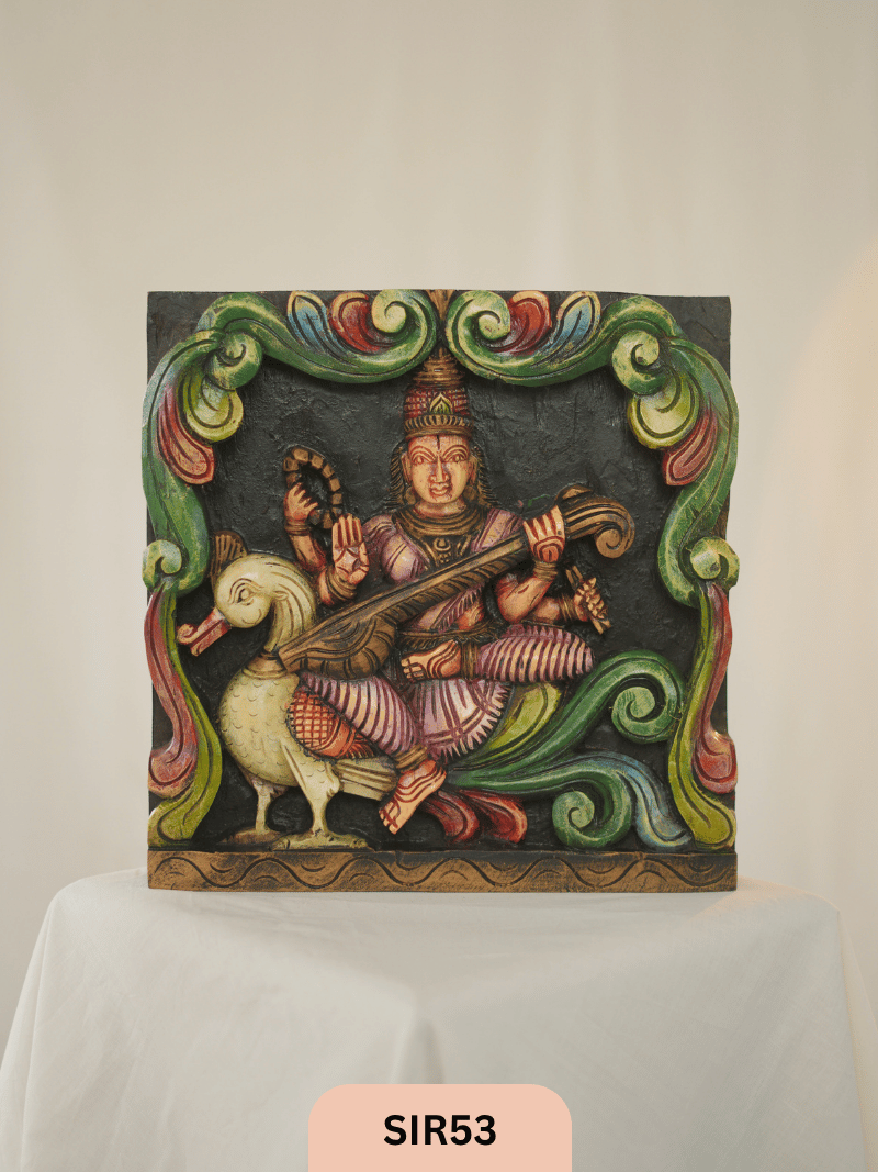 WOODEN GODDESS SARASWATHI STATUE - Height 12" INCH, WIDTH 12"INCH