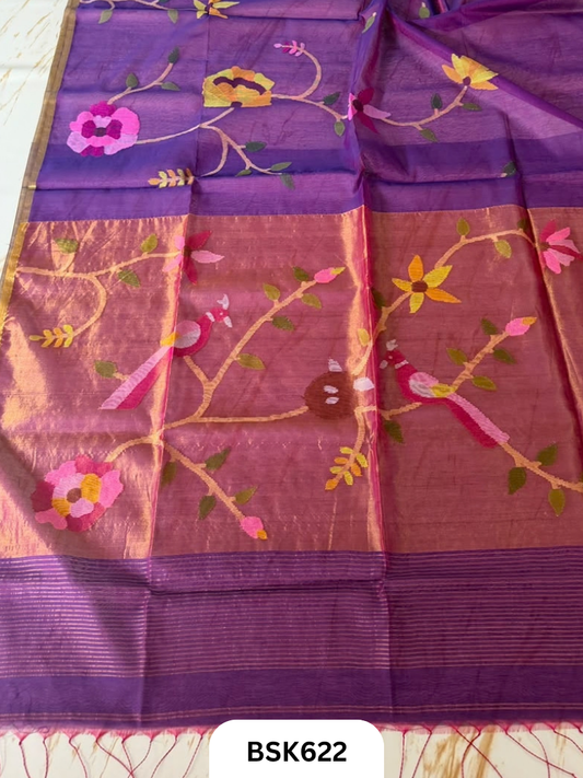 Handloom Pure Muslin Jamdhani With Hand Needle Work Saree