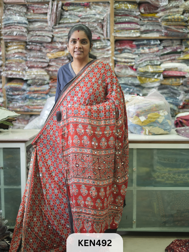 MODAL NATURAL AJRAKH HANDBLOCK SAREE WITH GLUE MIRROR
