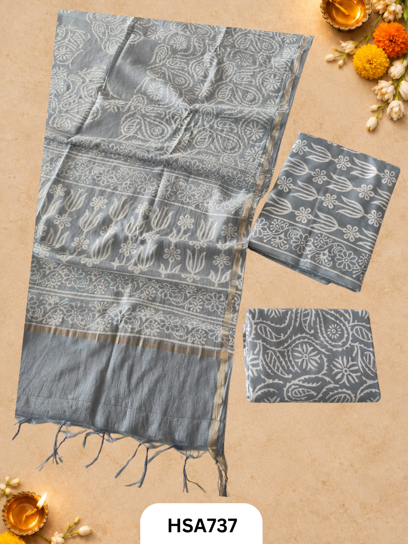 HandBlock Printed Chanderi Silk Dupatta With Cotton Suits -Top 2.5M Duptta 2.5M